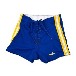VTG Spanjian Lace Up Athletic Shorts Mens Medium Blue Striped Coach Dance USA